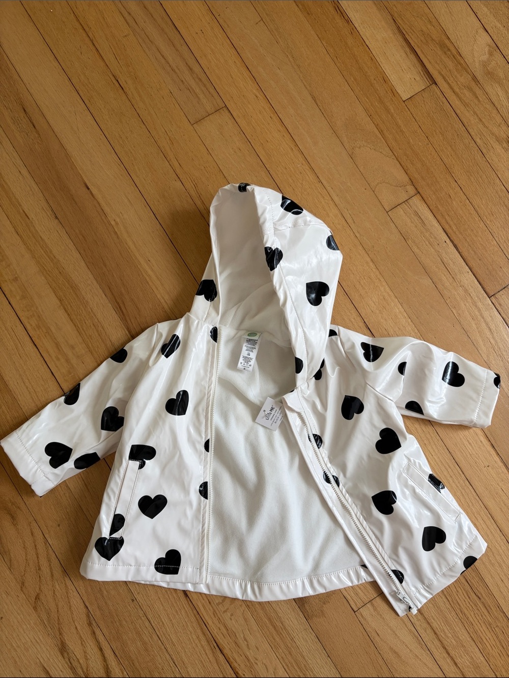Little Me White Hooded Raincoat with Black Heart Print